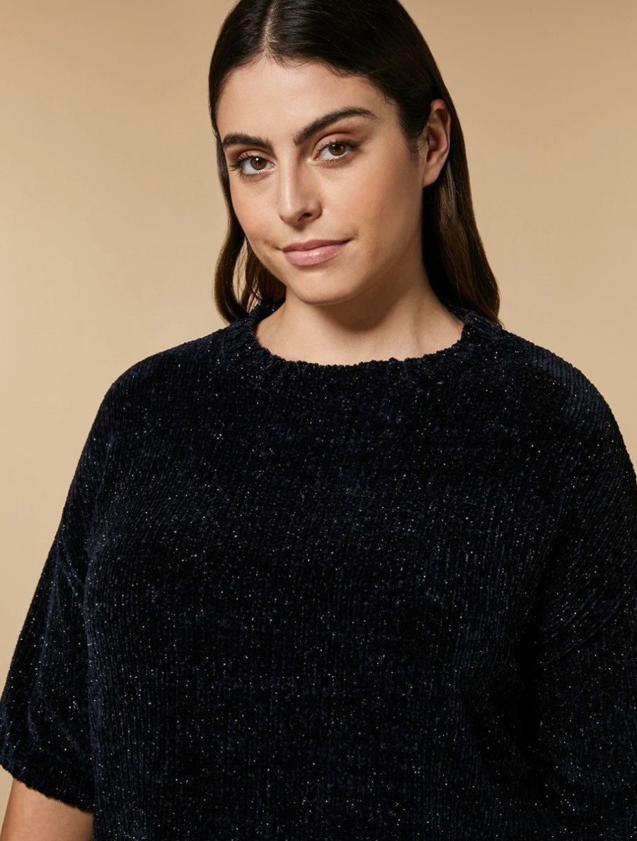 Vetements Marina Rinaldi | Pull Chenille Lurex Marine Fonce