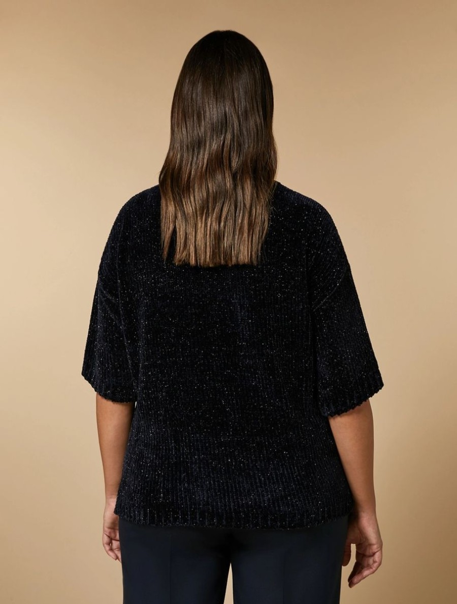 Vetements Marina Rinaldi | Pull Chenille Lurex Marine Fonce