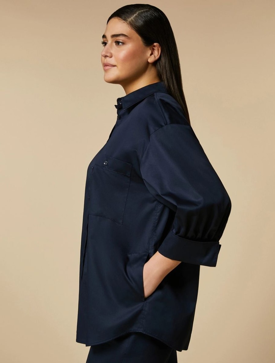 Vetements Marina Rinaldi | Chemise En Satin De Coton Bleu Nuit