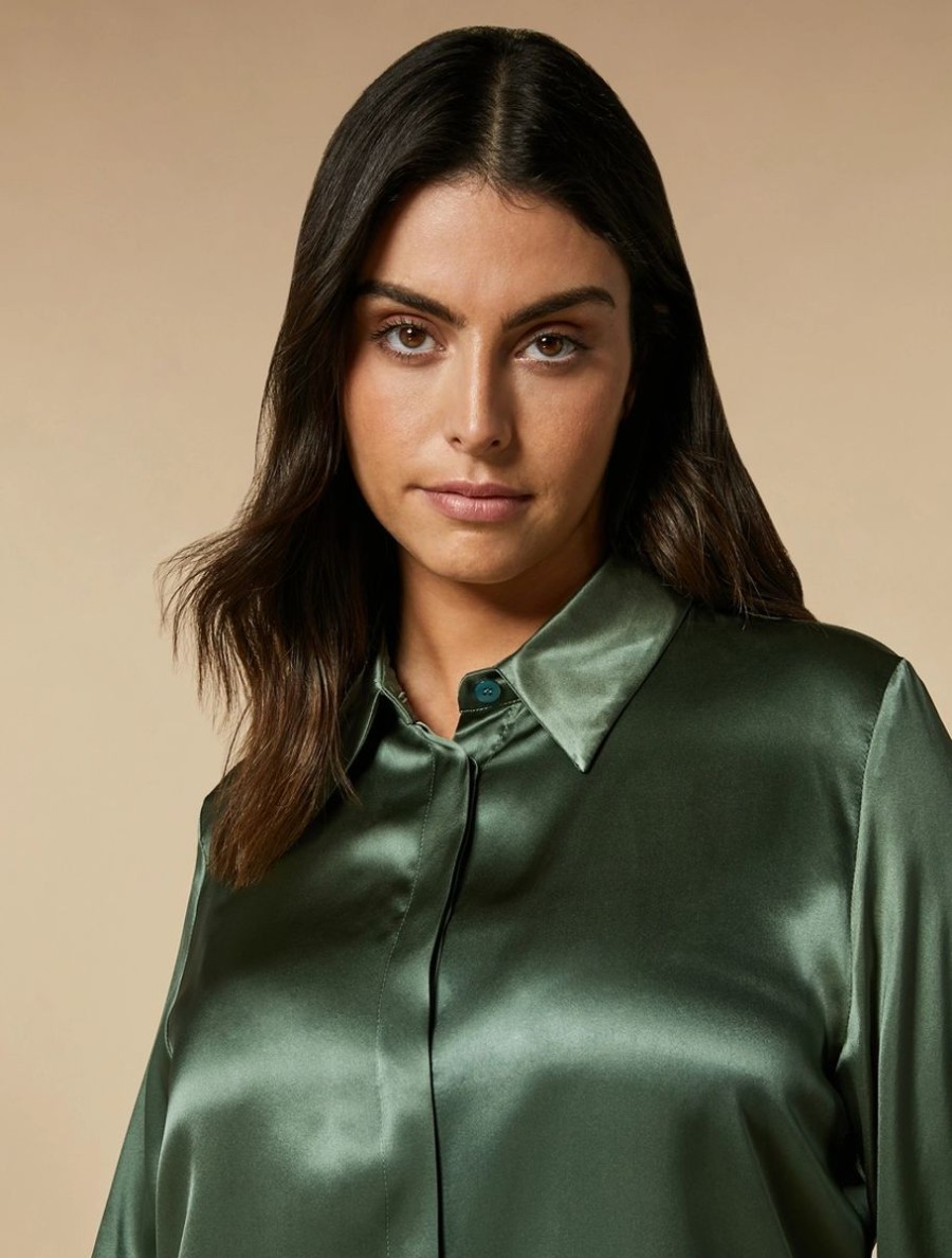 Vetements Marina Rinaldi | Chemise En Satin De Soie Olive Verte