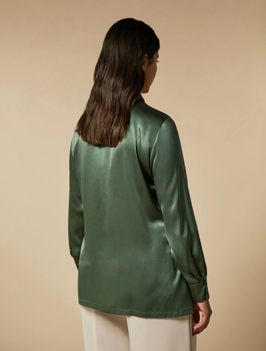 Vetements Marina Rinaldi | Chemise En Satin De Soie Olive Verte