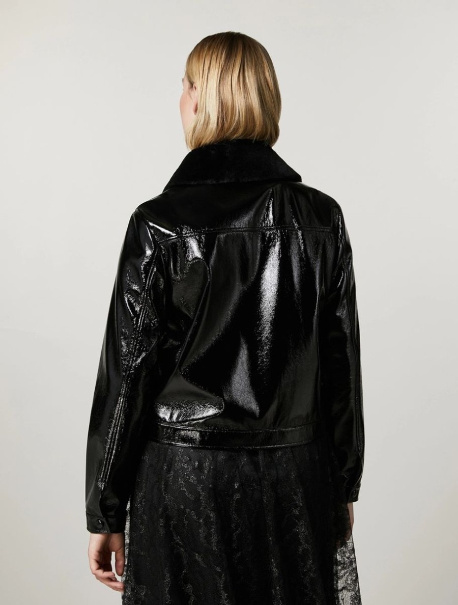 Vetements Marina Rinaldi | Veste Courte En Cuir Verni Effet Craquele Noir