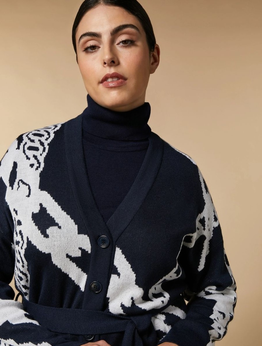 Vetements Marina Rinaldi | Cardigan En Laine Melangee Jacquard Marine Fonce