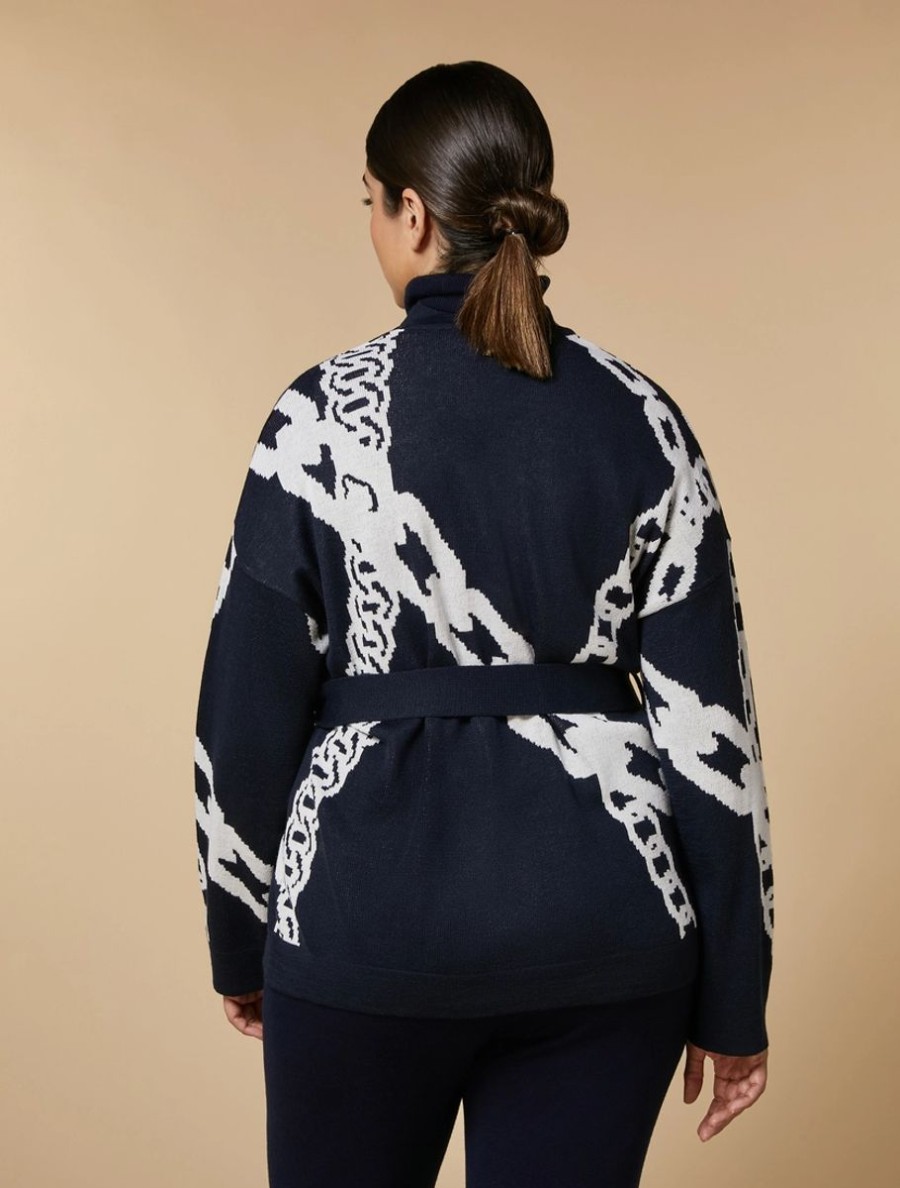 Vetements Marina Rinaldi | Cardigan En Laine Melangee Jacquard Marine Fonce