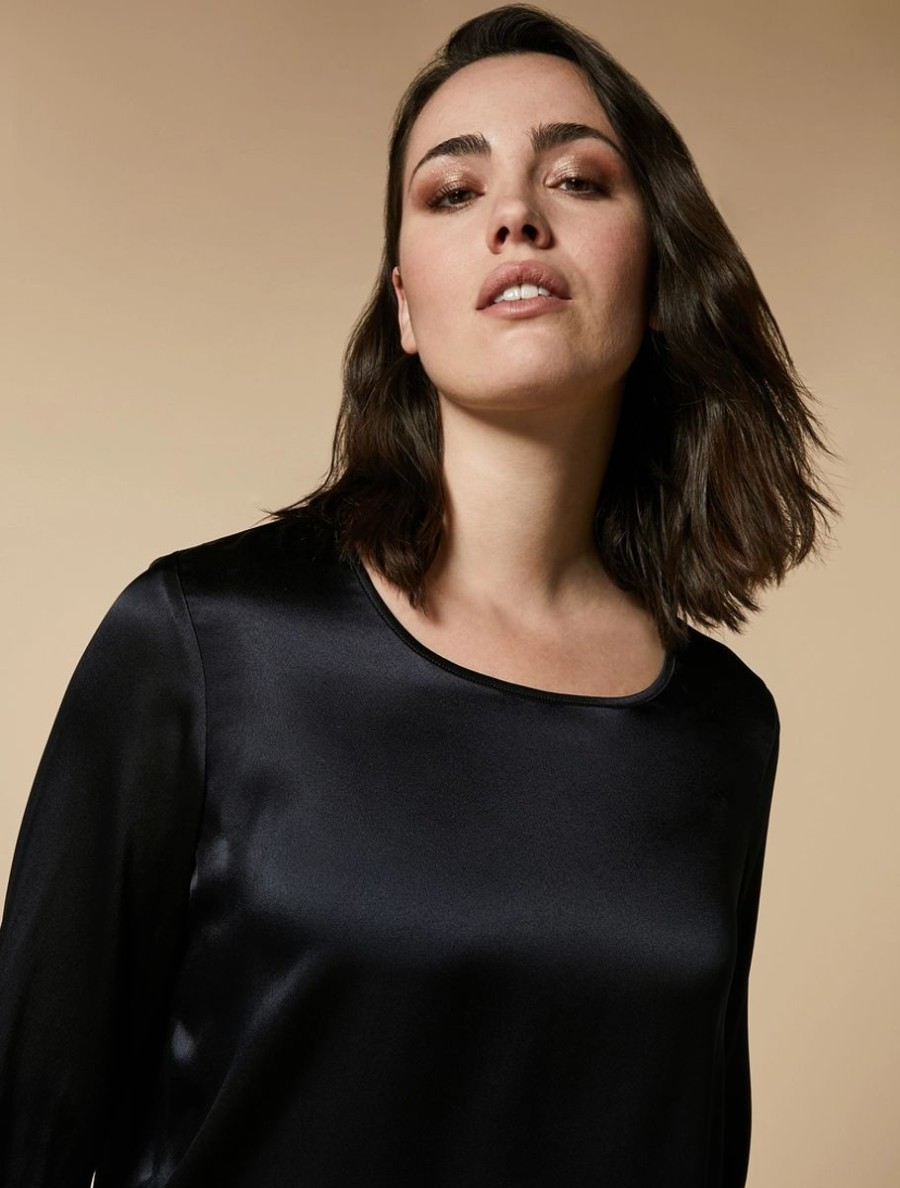 Vetements Marina Rinaldi | Blouse Carree En Satin Bleu Nuit