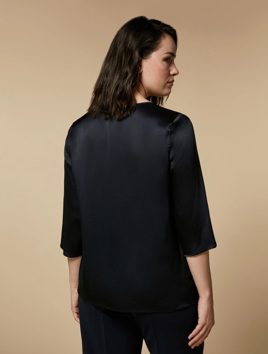 Vetements Marina Rinaldi | Blouse Carree En Satin Bleu Nuit