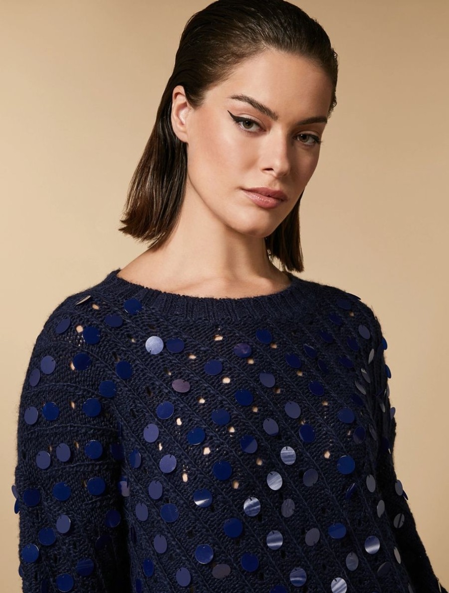 Vetements Marina Rinaldi | Pull En Alpaga Melange A Sequins Marine Fonce