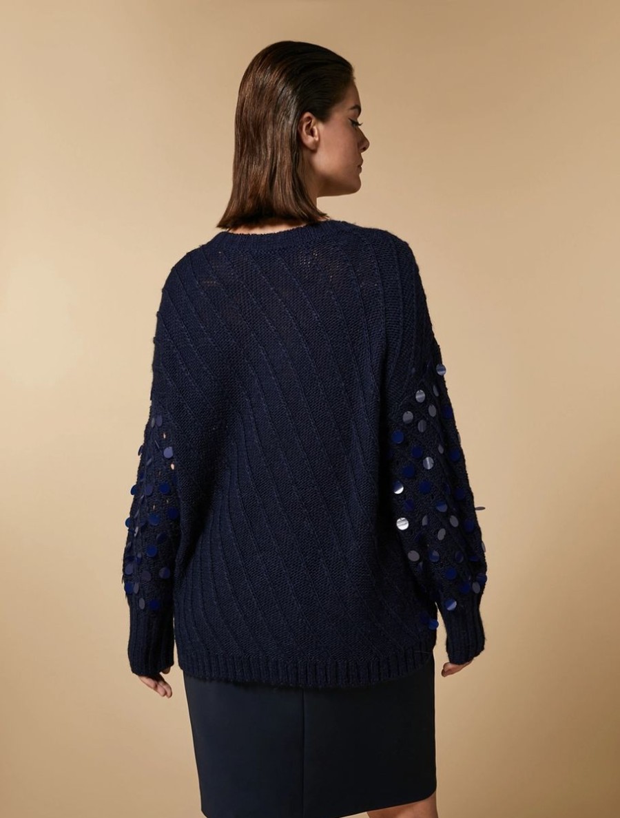 Vetements Marina Rinaldi | Pull En Alpaga Melange A Sequins Marine Fonce