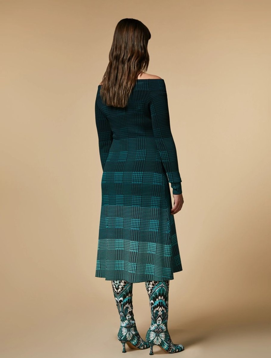 Vetements Marina Rinaldi | Robe En Maille A Carreaux Prince De Galles Vert Fonce