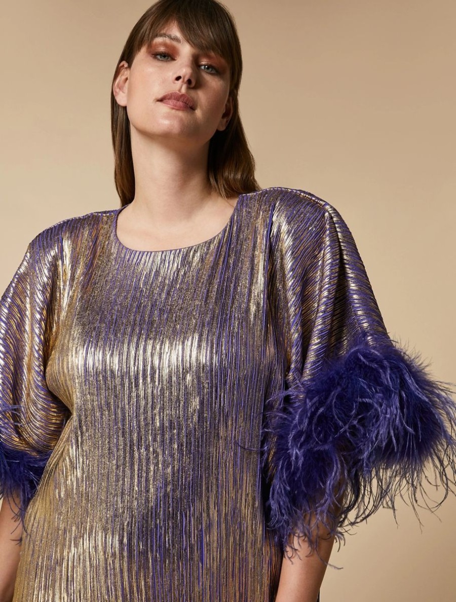 Vetements Marina Rinaldi | Robe Metallisee Avec Plumes Violet