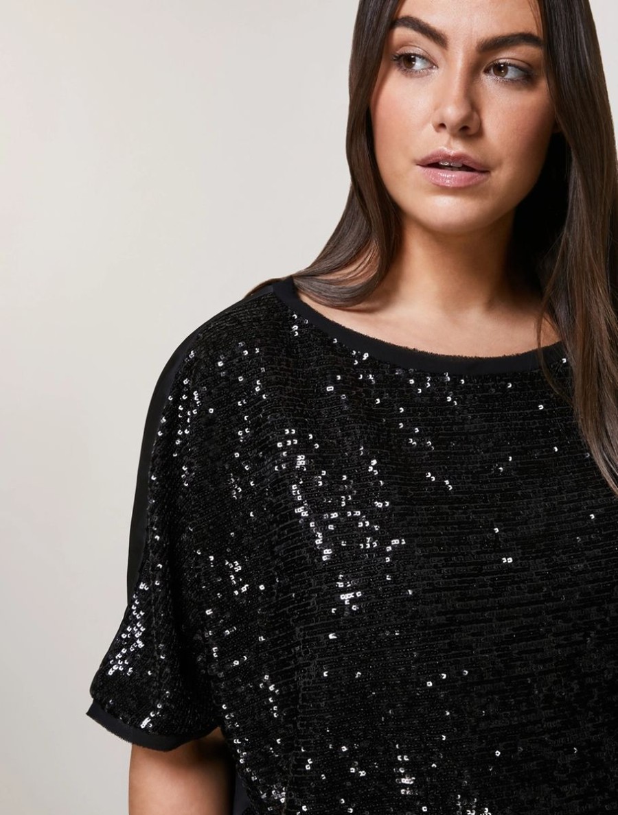 Vetements Marina Rinaldi | Blouse En Crepe Envers Satin Ornee De Sequins Noir