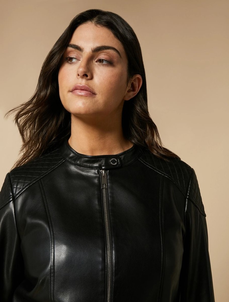 Vetements Marina Rinaldi | Blouson Biker En Tissu Enduit Noir