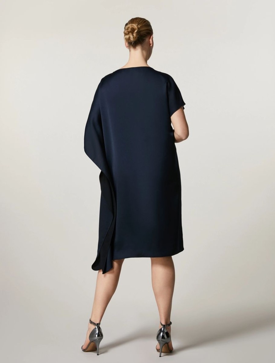 Vetements Marina Rinaldi | Robe En Crepe Envers Satin Marine Fonce