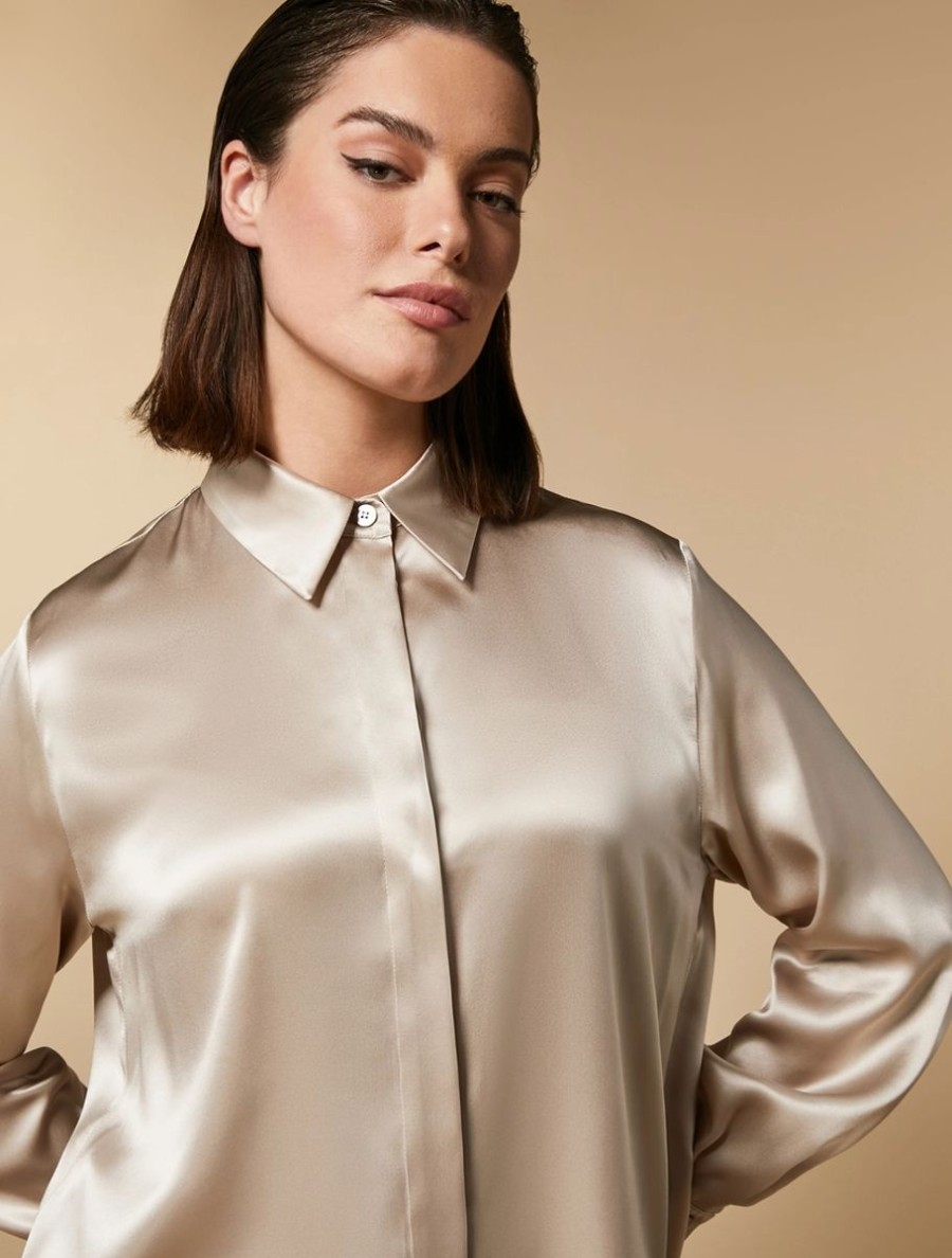 Vetements Marina Rinaldi | Chemise En Satin De Soie Beige Fonce