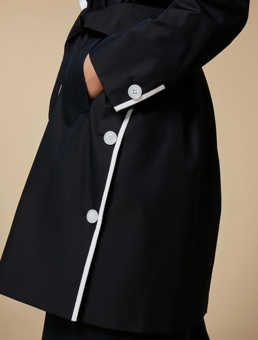 Vetements Marina Rinaldi | Trench-Coat En Serge De Coton Melange Bleu Nuit