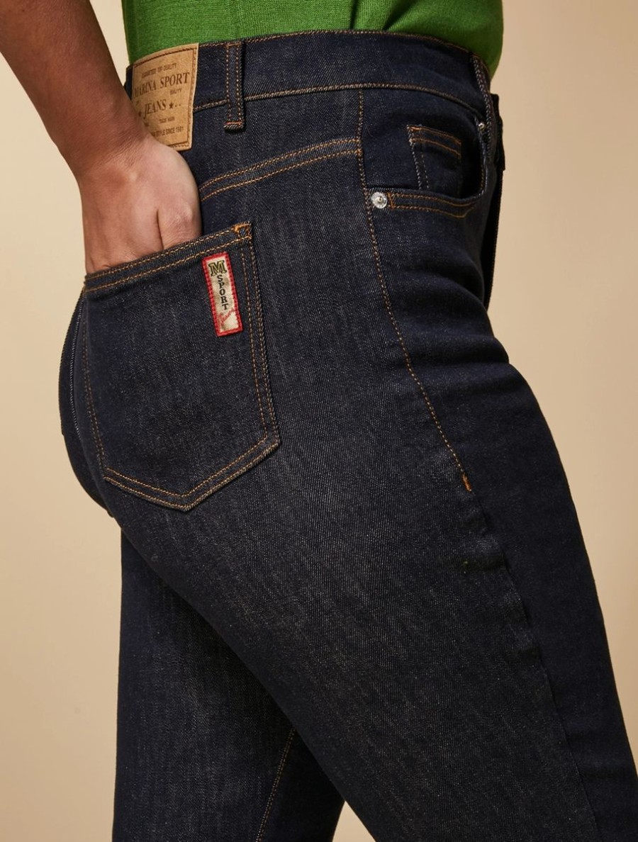 Vetements Marina Rinaldi | Jean Evase En Denim Stretch Marine Fonce