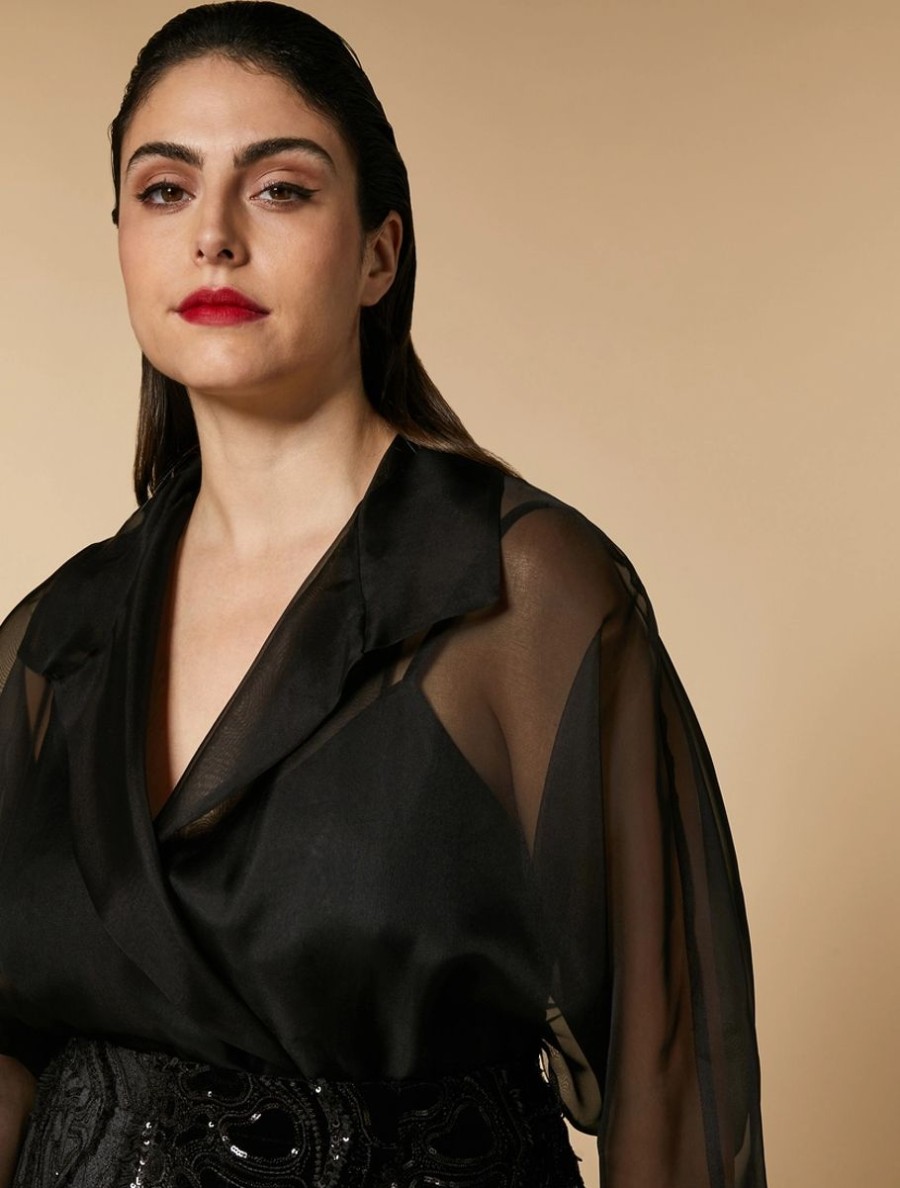 Vetements Marina Rinaldi | Robe En Organza De Soie Et Velours Noir