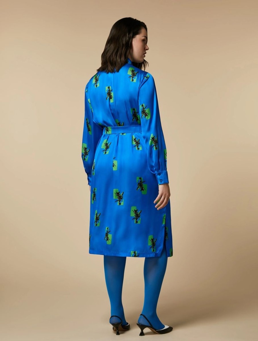 Vetements Marina Rinaldi | Robe Chemise En Satin Imprime Bleuet