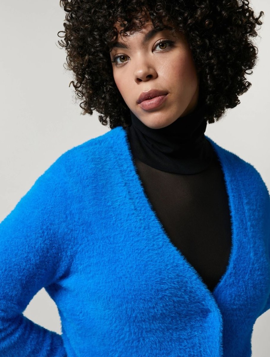 Vetements Marina Rinaldi | Mini Cardigan En Fil Jersey Endroit Bleu De Chine