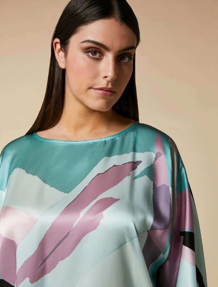 Vetements Marina Rinaldi | Tunique En Satin De Soie Imprimee Vert Pastel