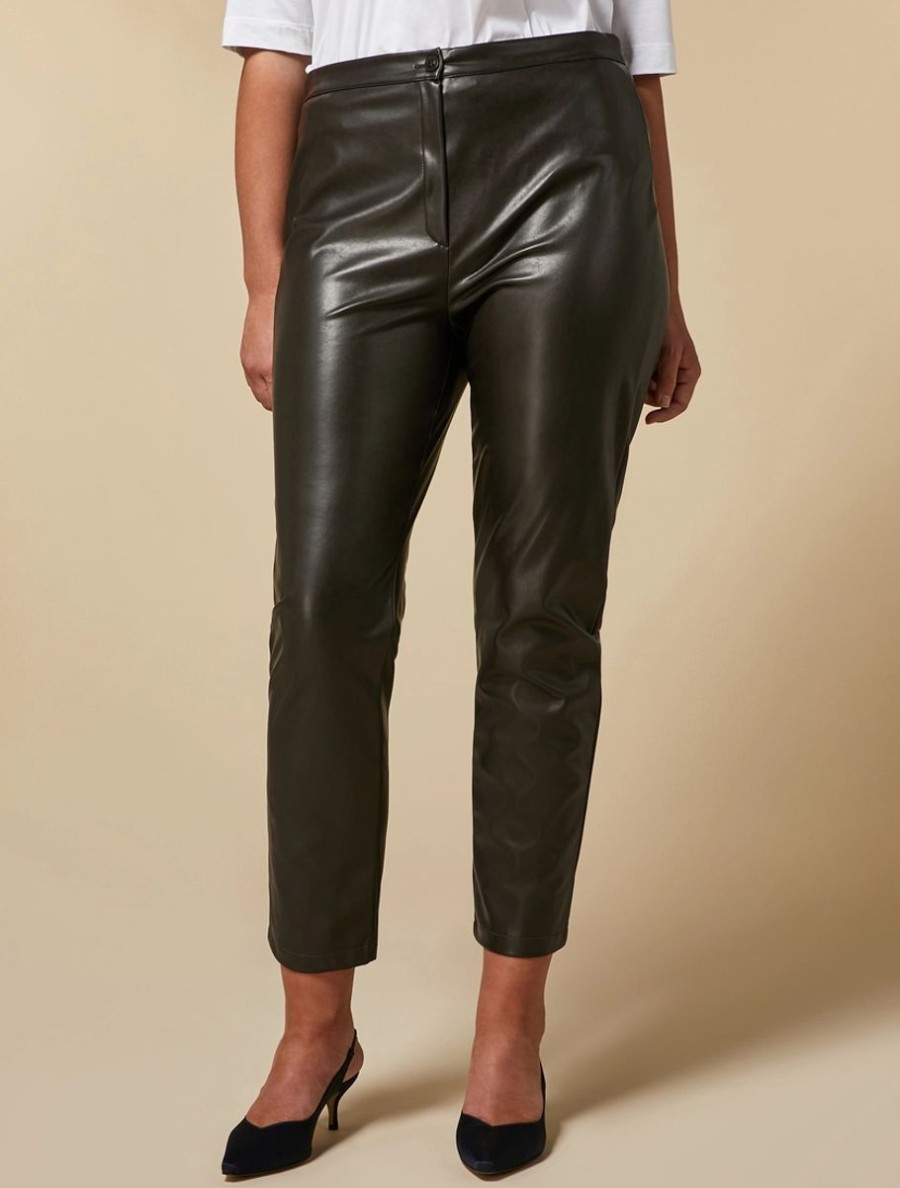 Vetements Marina Rinaldi | Pantalon Coupe Slim En Tissu Enduit Brun