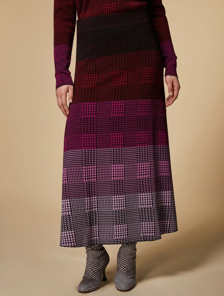 Vetements Marina Rinaldi | Jupe En Maille A Carreaux Prince De Galles Bordeaux