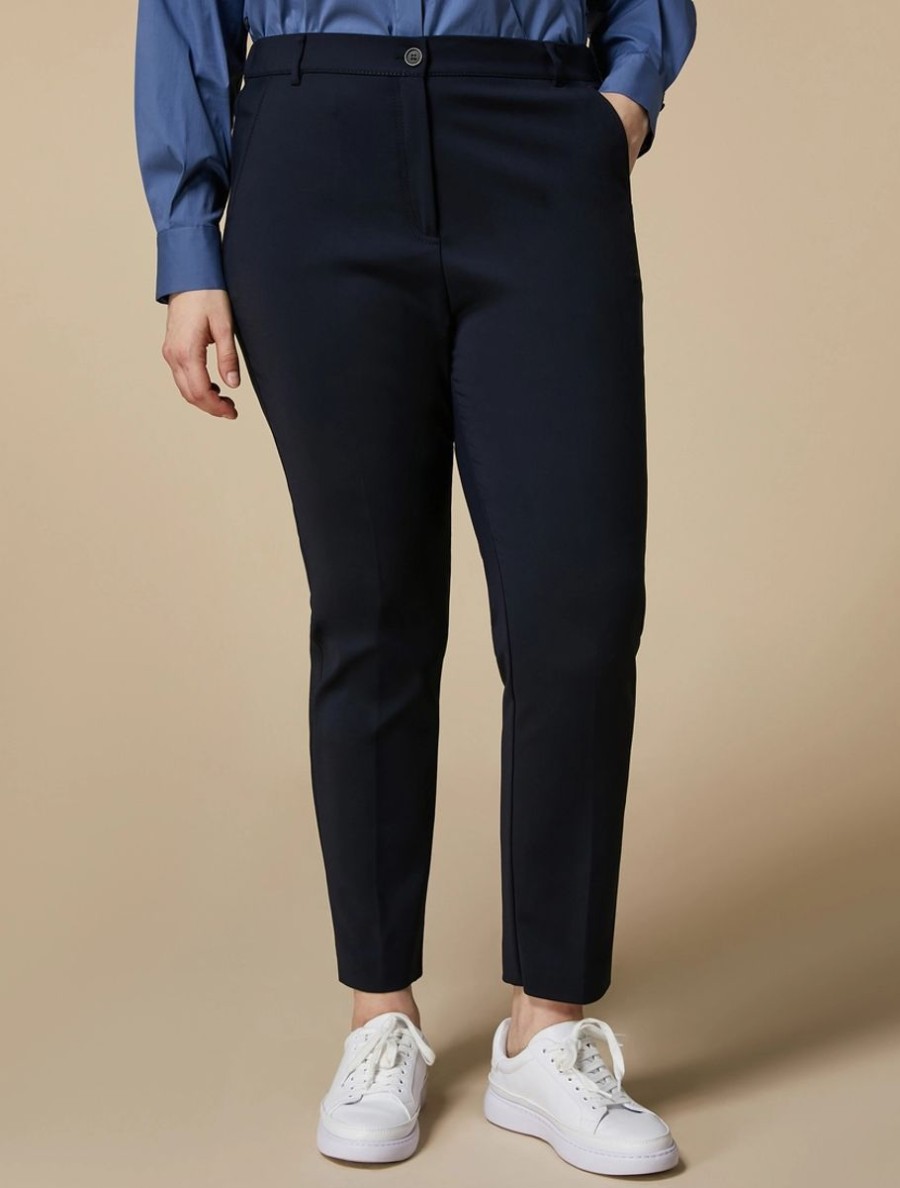 Vetements Marina Rinaldi | Pantalon En Coton Melange Technique Marine Fonce