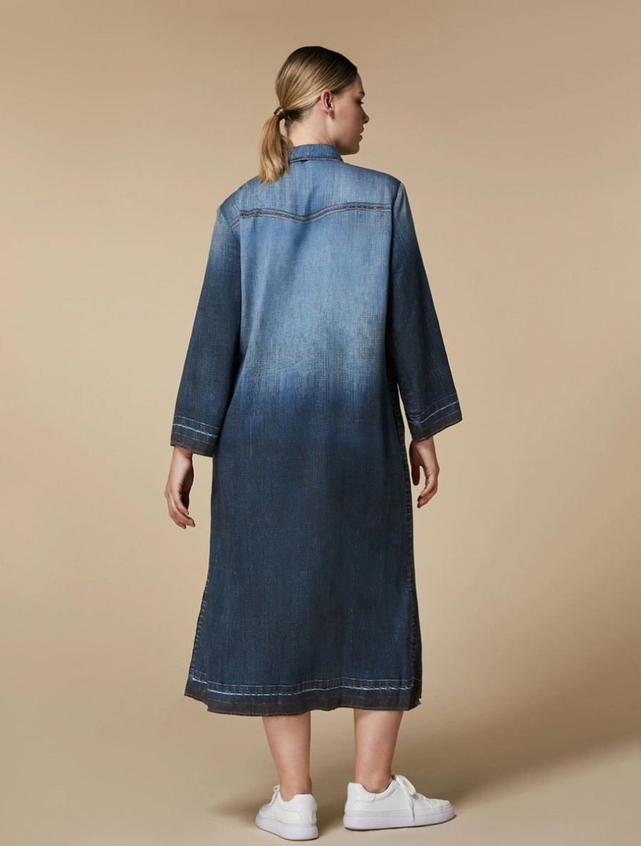 Vetements Marina Rinaldi | Robe Chemise En Satin Imprime Bleu Ski