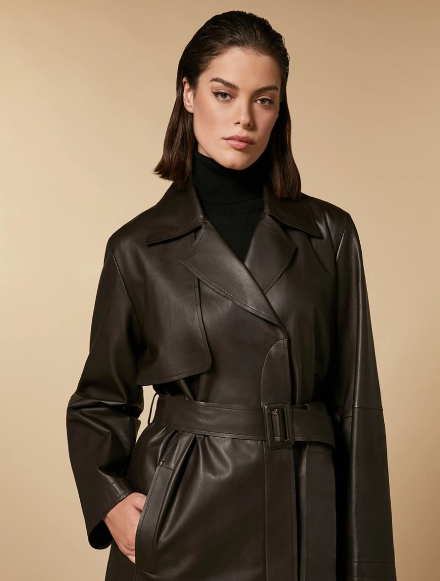 Vetements Marina Rinaldi | Manteau En Cuir Nappa Marron Fonce