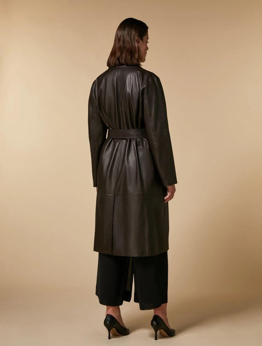 Vetements Marina Rinaldi | Manteau En Cuir Nappa Marron Fonce