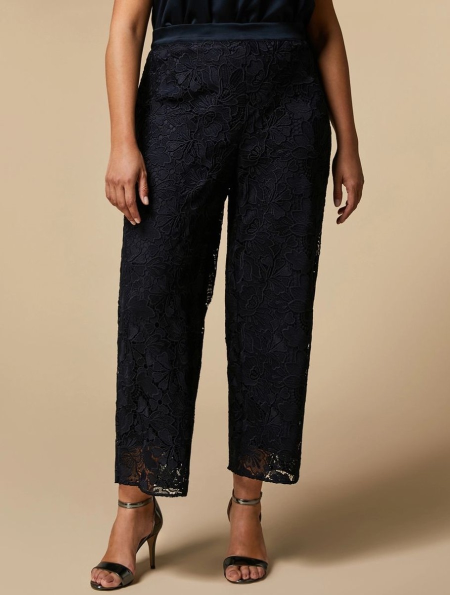 Vetements Marina Rinaldi | Pantalon En Dentelle Macrame Marine Fonce