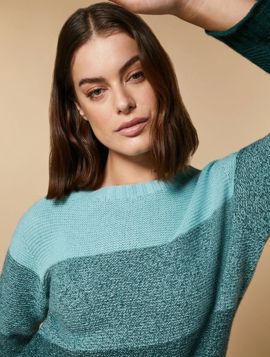 Vetements Marina Rinaldi | Pull Bicolore En Laine Et Cachemire Vert Fonce