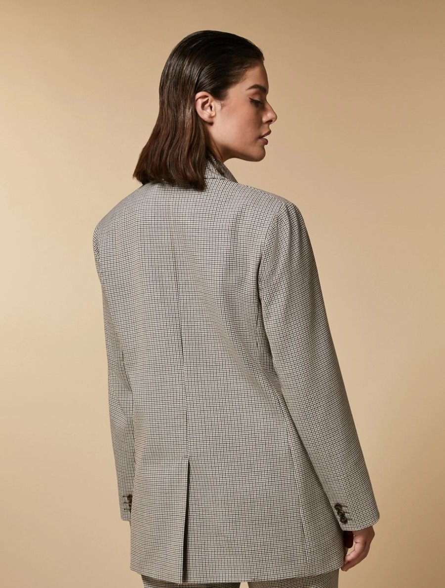 Vetements Marina Rinaldi | Veste Blazer A Motif A Carreaux Beige Fonce