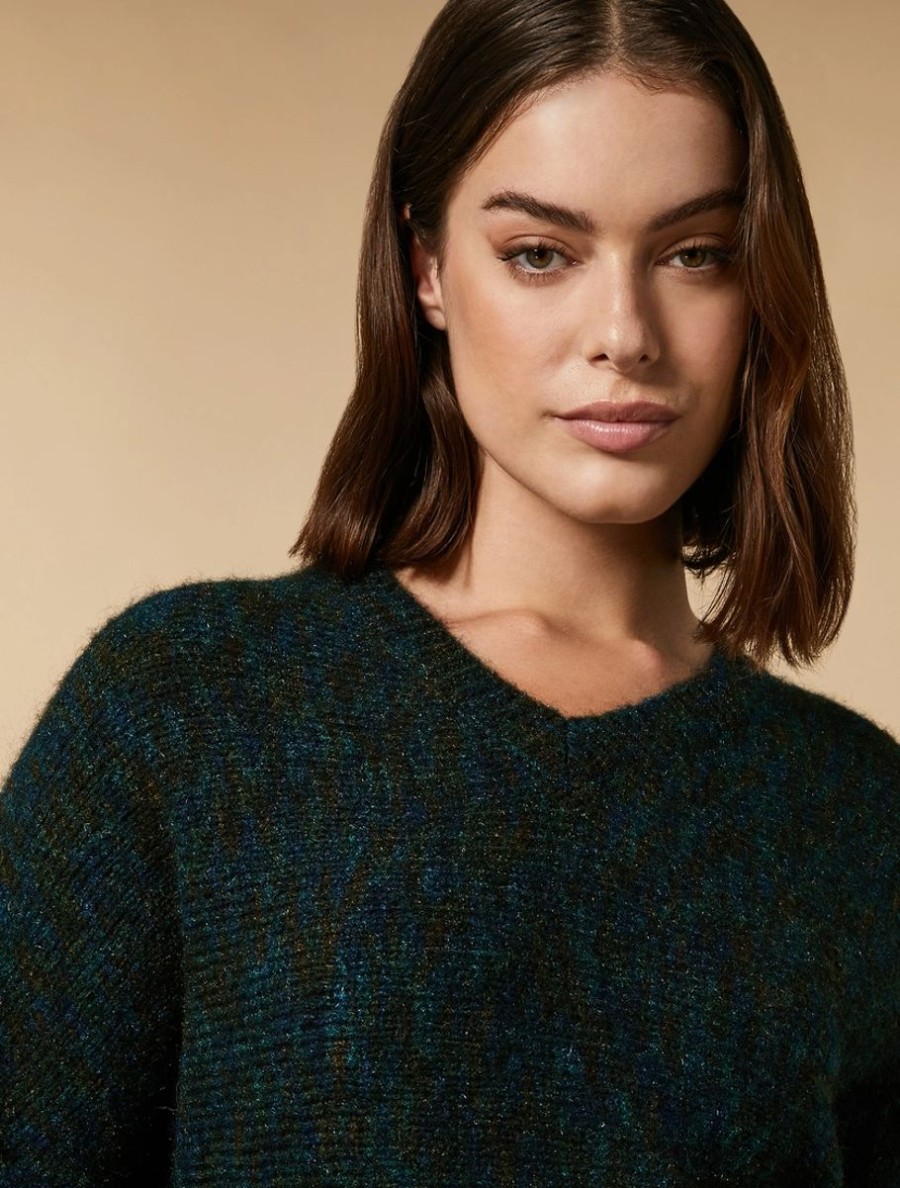 Vetements Marina Rinaldi | Pull En Mohair Imprime Vert Fonce