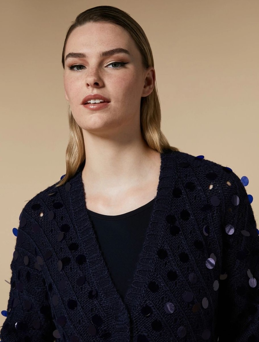 Vetements Marina Rinaldi | Cardigan En Alpaga Melange A Sequins Marine Fonce