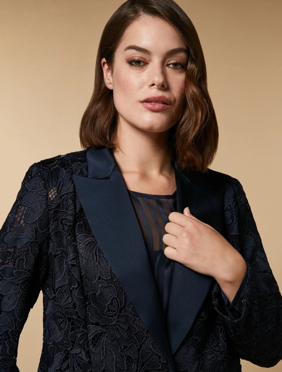 Vetements Marina Rinaldi | Veste Blazer En Dentelle Macrame Marine Fonce