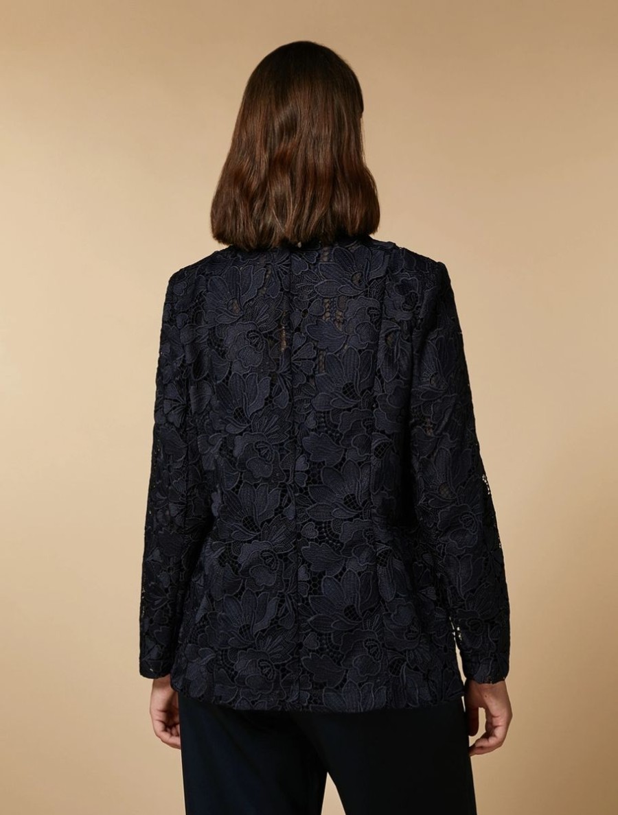 Vetements Marina Rinaldi | Veste Blazer En Dentelle Macrame Marine Fonce