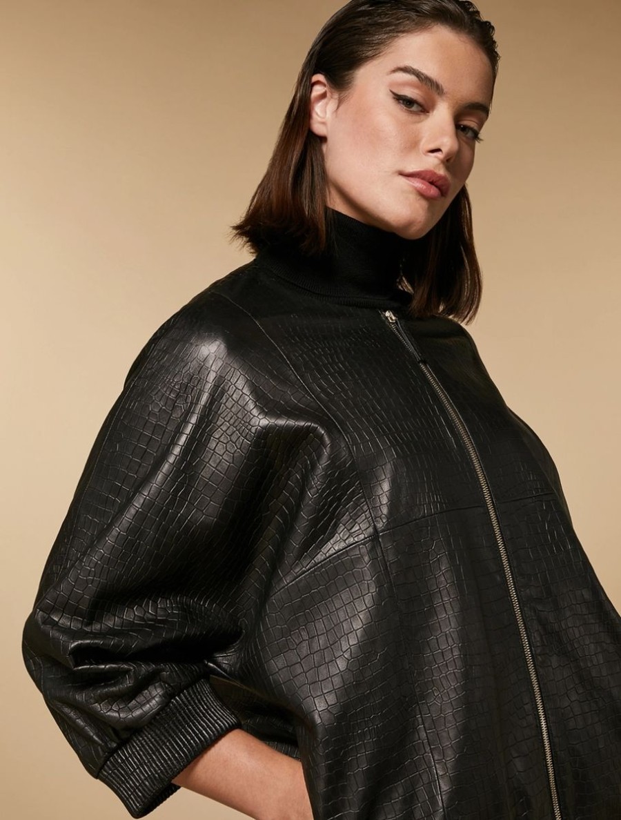 Vetements Marina Rinaldi | Bomber En Cuir Nappa A Imprime Crocodile Noir