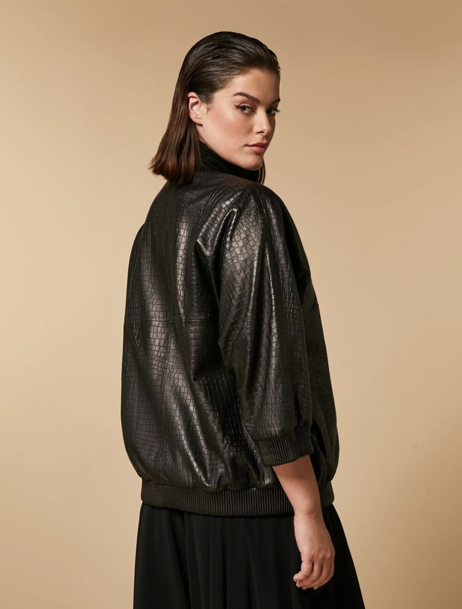 Vetements Marina Rinaldi | Bomber En Cuir Nappa A Imprime Crocodile Noir