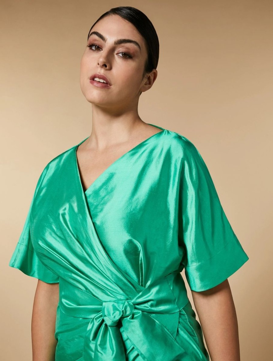 Vetements Marina Rinaldi | Robe En Taffetas De Shantung De Soie Vert