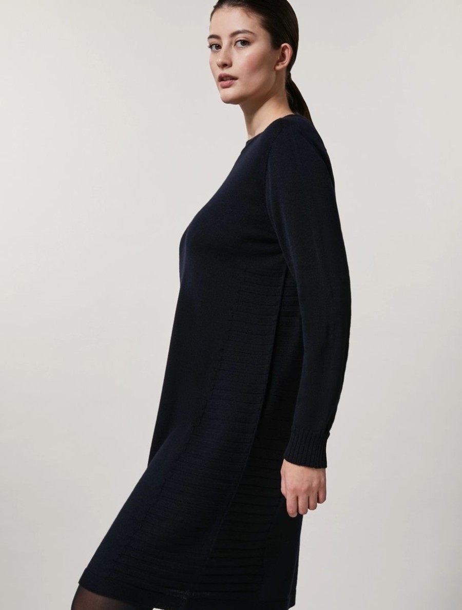 Vetements Marina Rinaldi | Robe En Tricot Marine Fonce