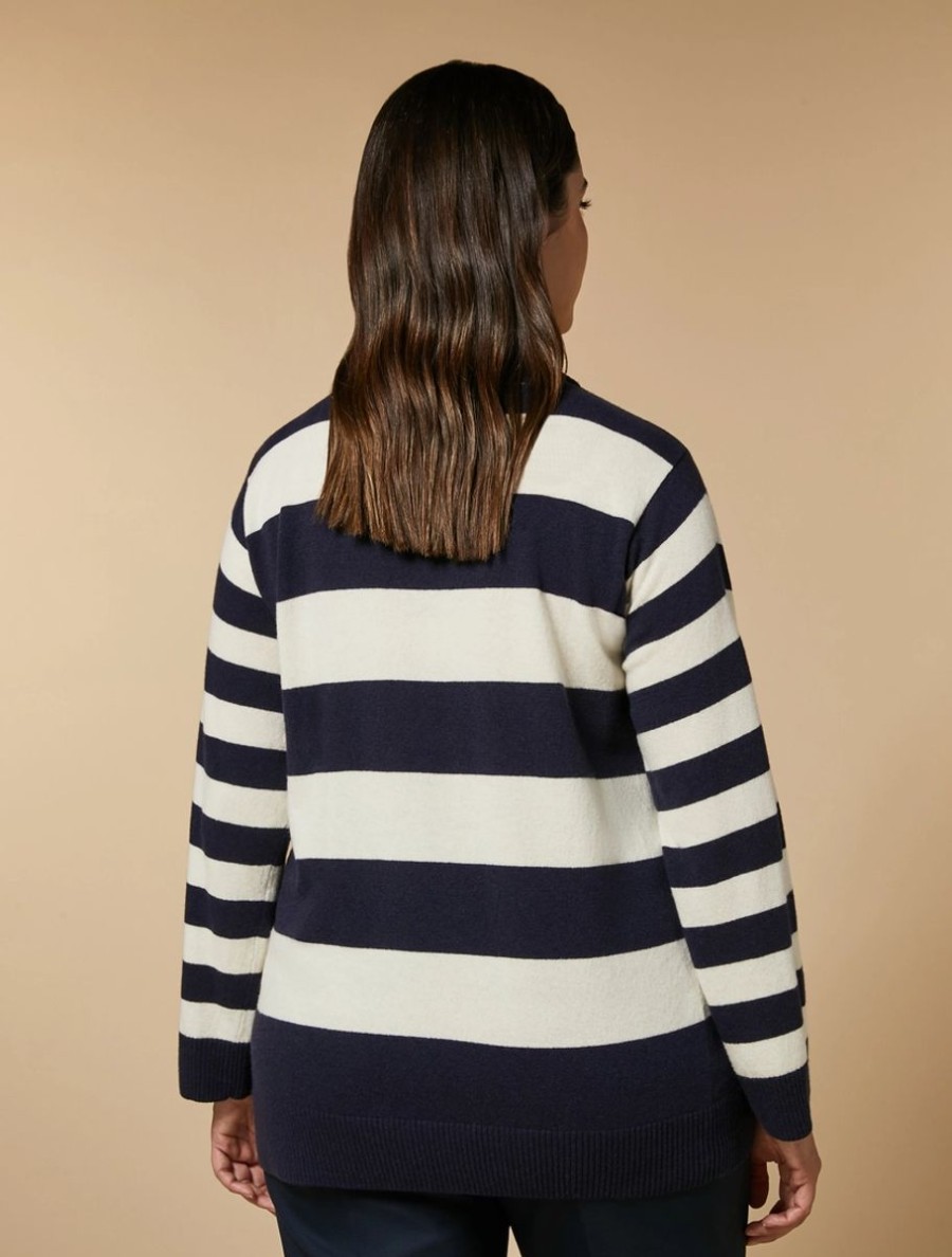 Vetements Marina Rinaldi | Pull Raye En Laine Et Cachemire Marine Fonce