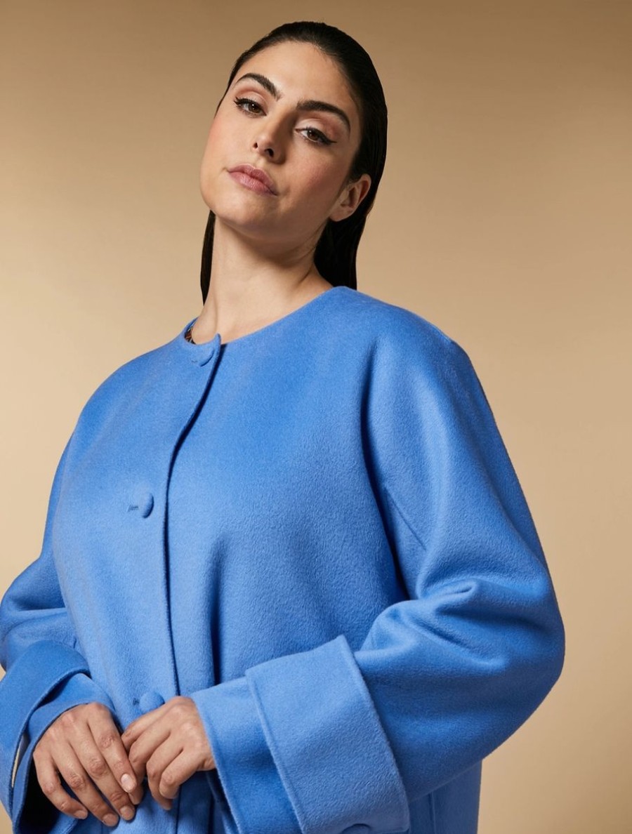 Vetements Marina Rinaldi | Veste Double Face En Laine Melangee Bleu Ski