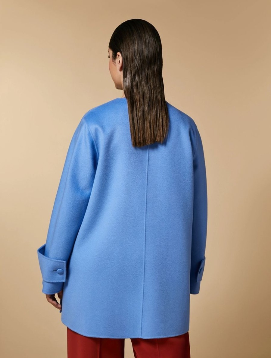 Vetements Marina Rinaldi | Veste Double Face En Laine Melangee Bleu Ski