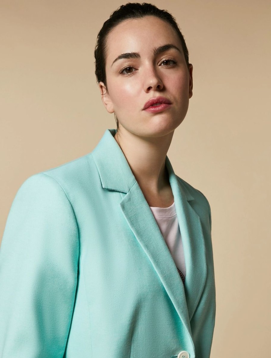 Vetements Marina Rinaldi | Veste Blazer En Coton Et Lin Vert Cristal