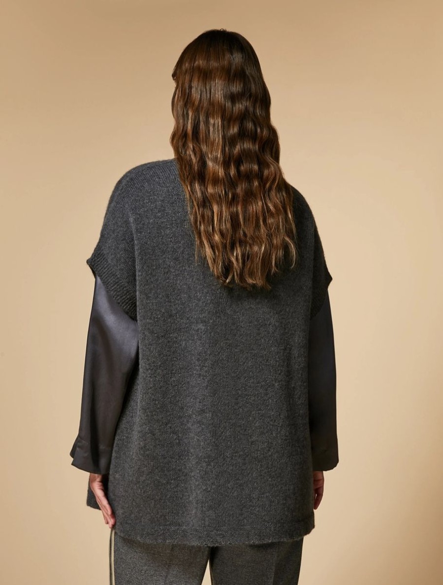 Vetements Marina Rinaldi | Cardigan Sans Couture En Alpaga Et Laine Gris Moyen