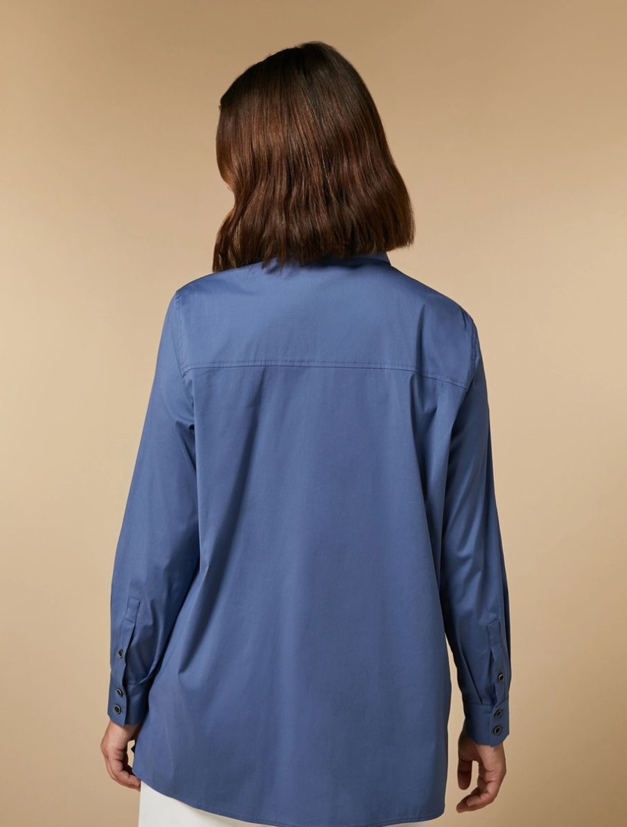 Vetements Marina Rinaldi | Chemise En Popeline De Coton Melange Bleu Ski