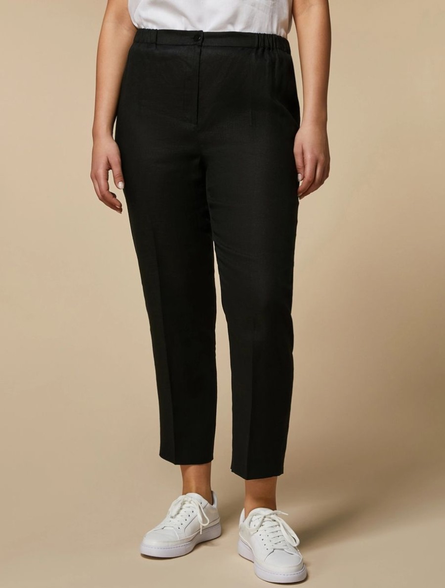 Vetements Marina Rinaldi | Pantalon En Lin Teint En Fil Noir