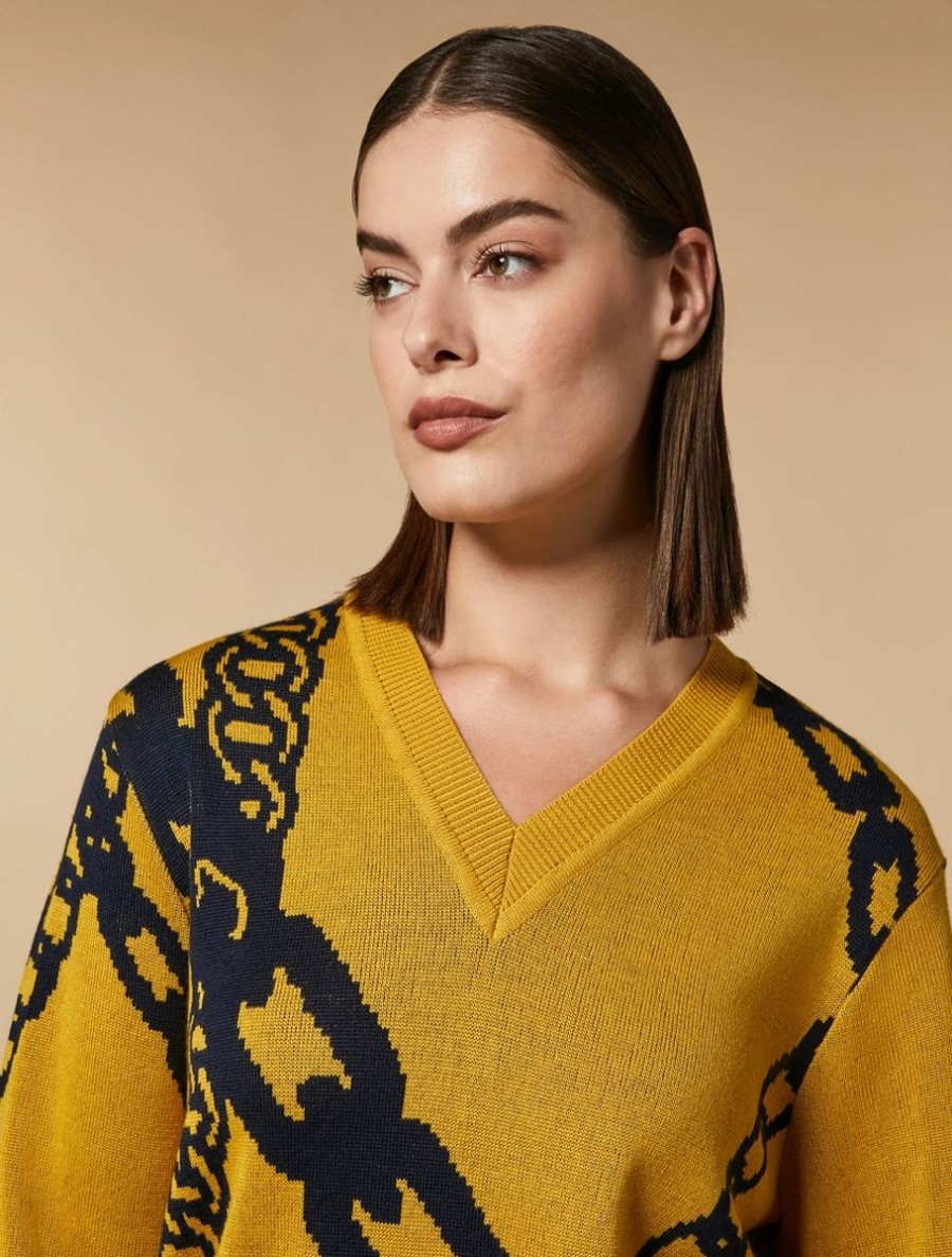 Vetements Marina Rinaldi | Pull En Laine Melangee Jacquard Moutarde