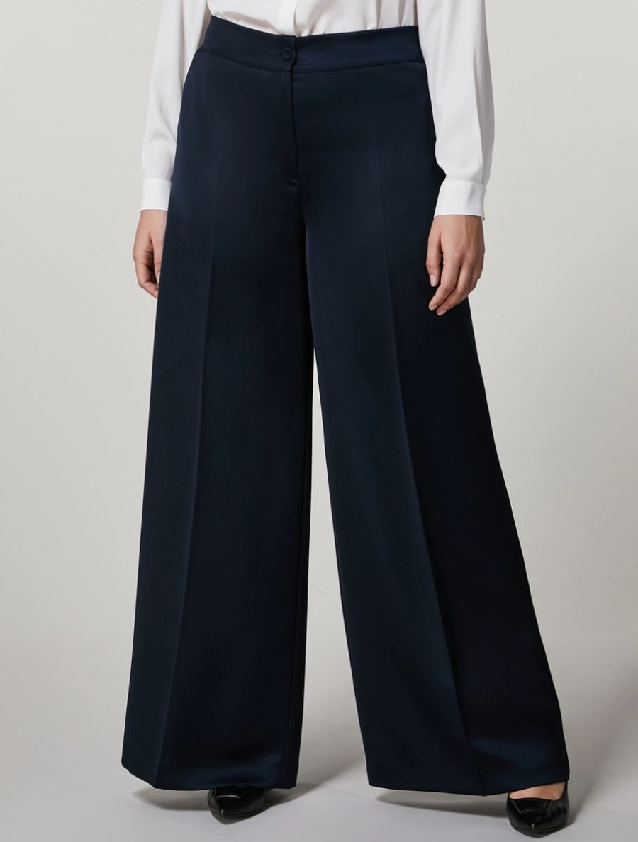 Vetements Marina Rinaldi | Pantalon En Crepe Envers Satin Marine Fonce